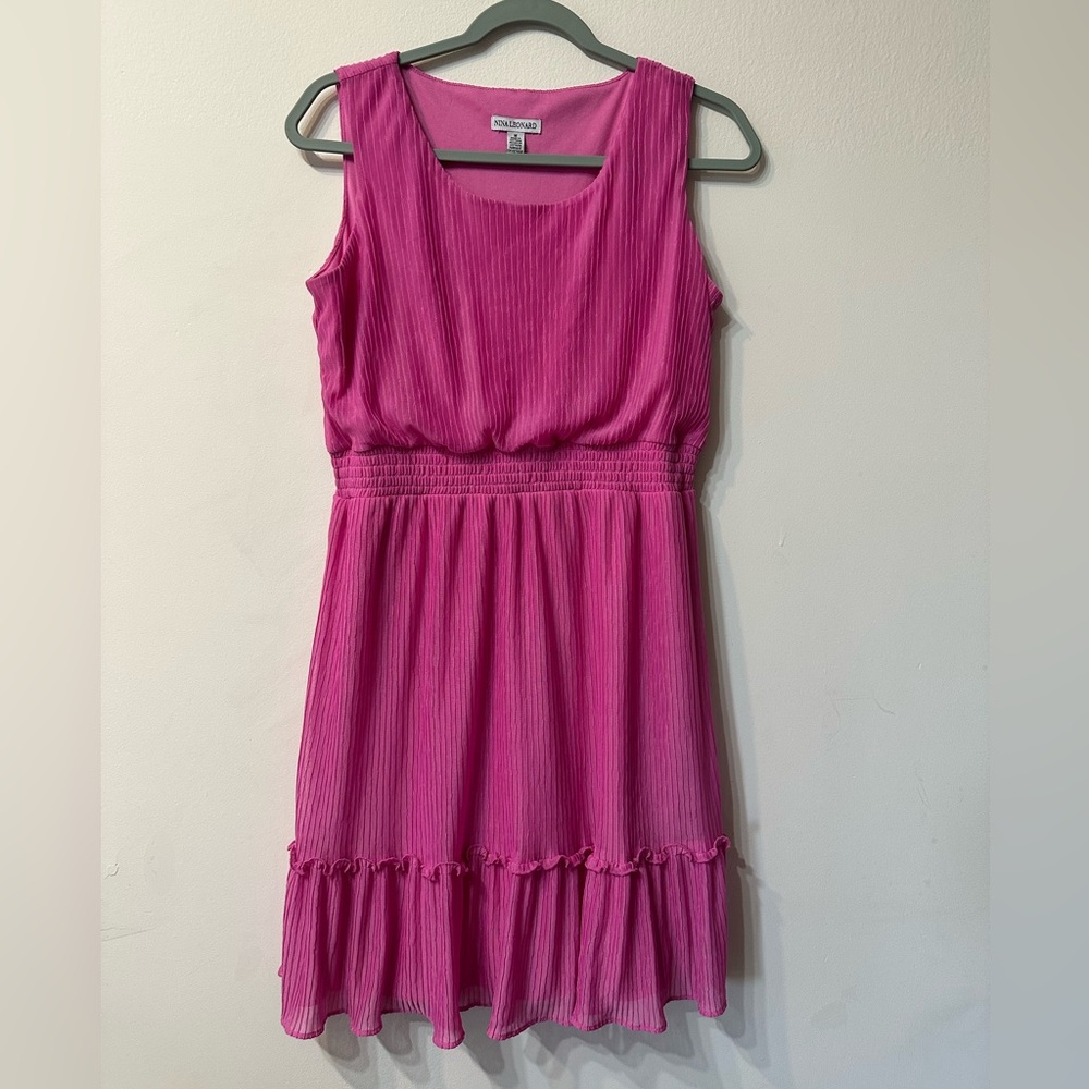 Nina Leonard Pink Crinkle Sundress Sleeveless Ruffle Knee Length Scoop Neck M